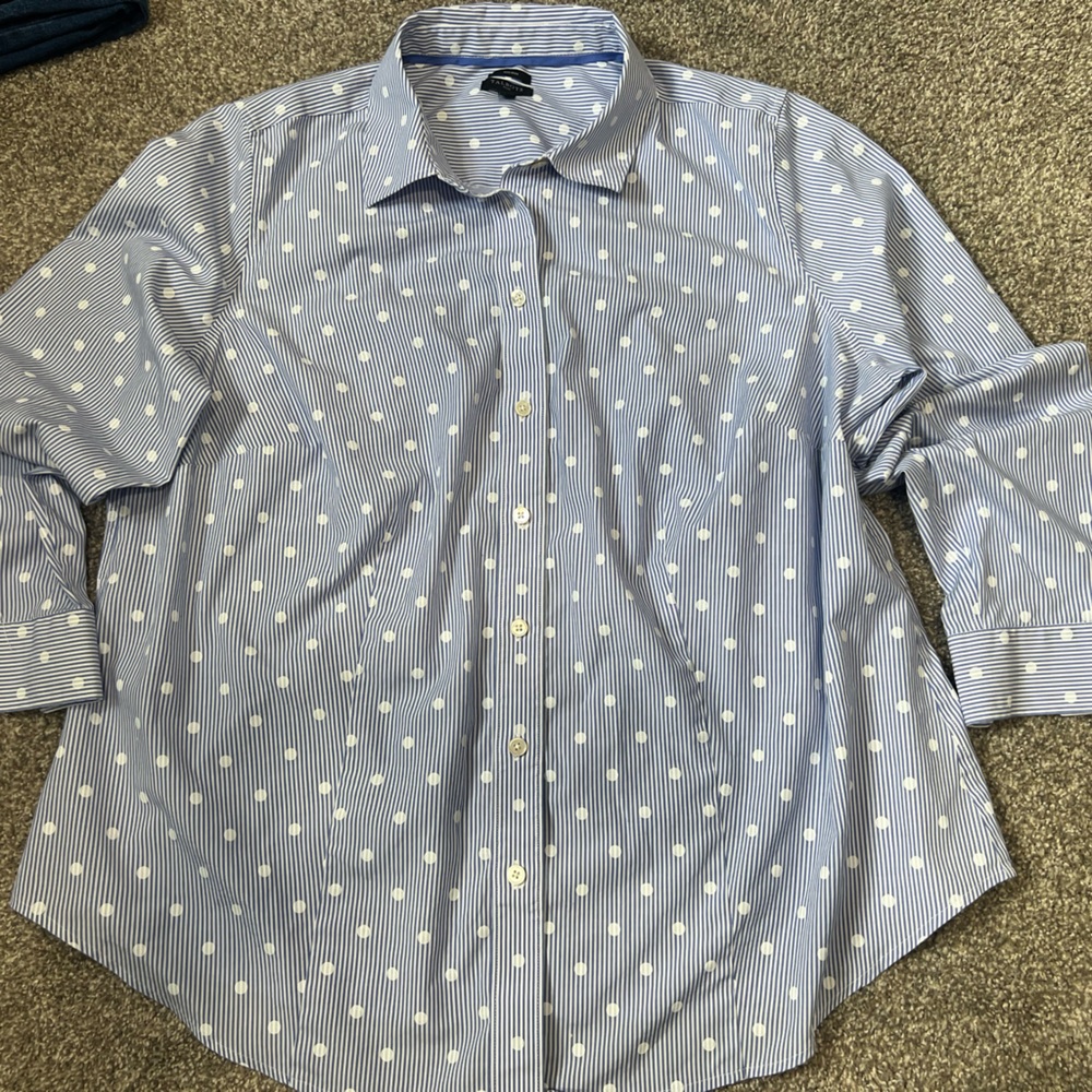 Talbots Non- Iron Size 16w Blue Striped Button Down Shirt with White Polka Dots